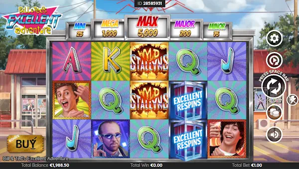 Bill and Teds Excellent Adventure base game screenshot showing reels and features