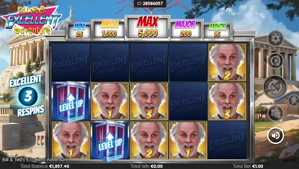 Screenshot of Bill and Teds Excellent Adventure slot demo showing reels and bonus game features