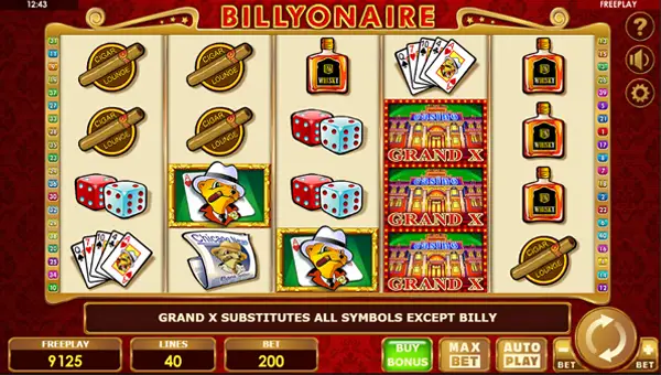 Billyonaire Bonus Buy base game screenshot showing reels and features