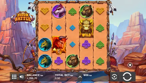 Bison Battle base game screenshot showing reels and features