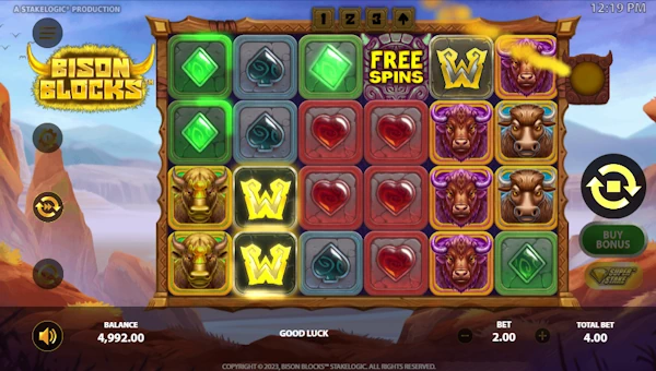 Bison Blocks base game screenshot showing reels and features