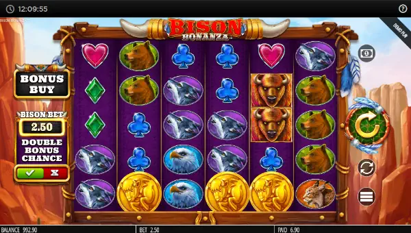 Bison Bonanza base game screenshot showing reels and features