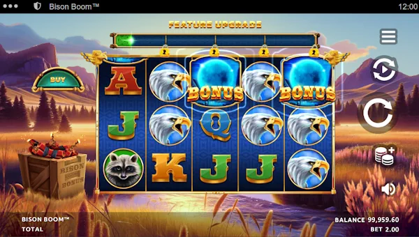Bison Boom base game screenshot showing reels and features