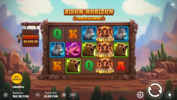 Bison Horizon base game screenshot showing reels and features