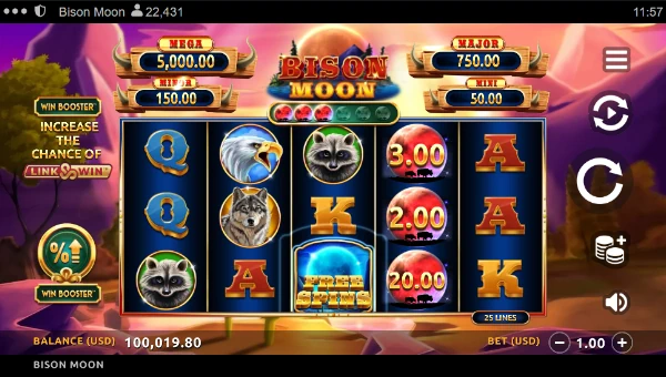 Bison Moon Link and Win base game screenshot showing reels and features