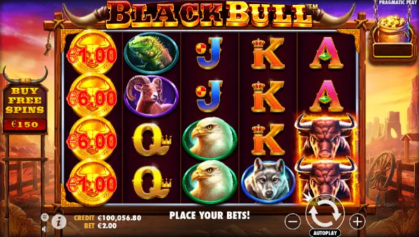 Black Bull base game screenshot showing reels and features