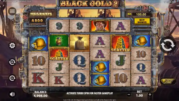 Black Gold 2 Megaways base game screenshot showing reels and features