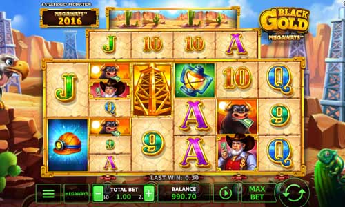 Black Gold Megaways base game screenshot showing reels and features
