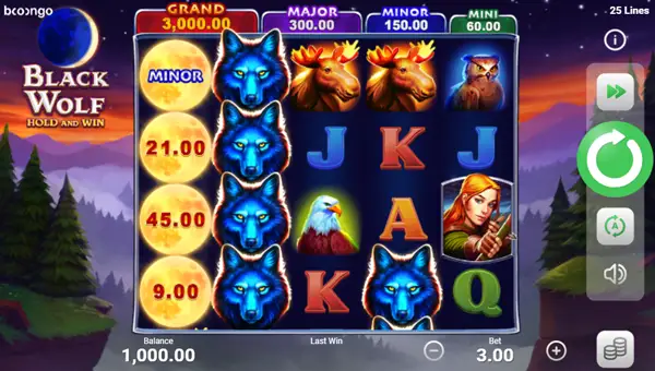 Black Wolf base game screenshot showing reels and features