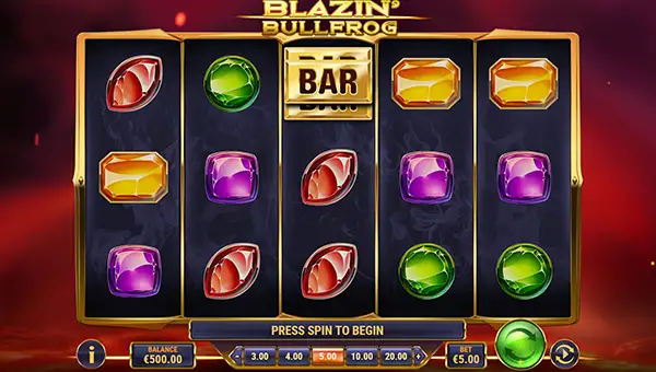 Blazin Bullfrog base game screenshot showing reels and features