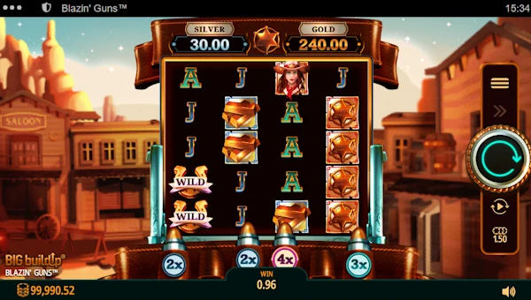 Blazin Guns base game screenshot showing reels and features