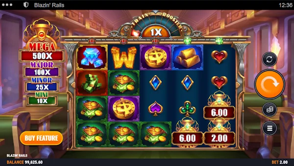 Blazin Rails base game screenshot showing reels and features