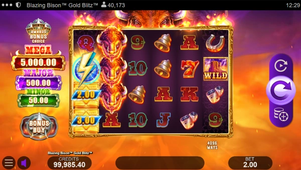 Blazing Bison Gold Blitz base game screenshot showing reels and features