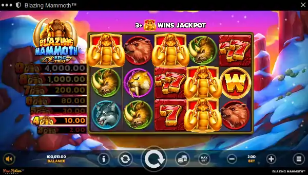Blazing Mammoth base game screenshot showing reels and features