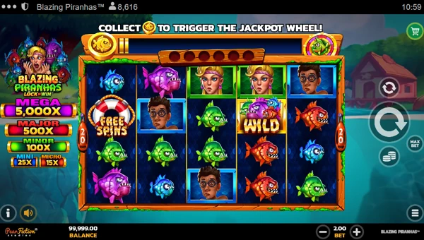 Blazing Piranhas base game screenshot showing reels and features