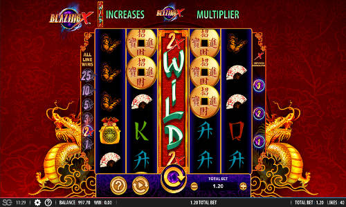 Blazing X base game screenshot showing reels and features