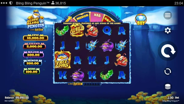 Bling Bling Penguin base game screenshot showing reels and features