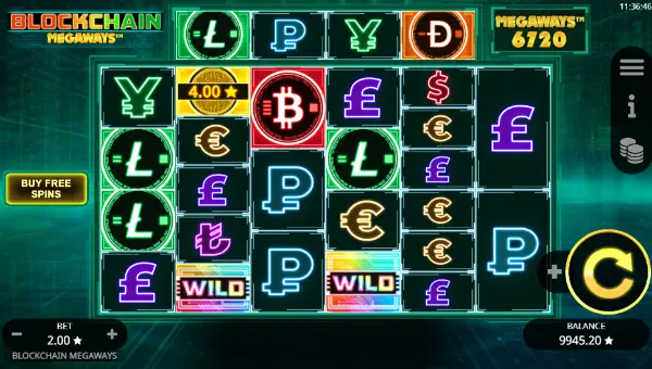 Blockchain Megaways base game screenshot showing reels and features