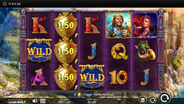 Blood and Gold base game screenshot showing reels and features