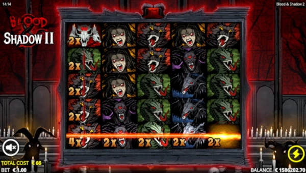 Blood and Shadow 2 base game screenshot showing reels and features