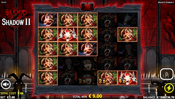 Screenshot of Blood and Shadow 2 slot demo showing reels and bonus game features