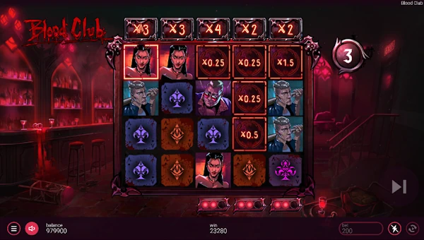 Screenshot of Blood Club slot demo showing reels and bonus game features