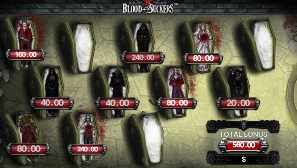 Screenshot of Blood Suckers slot demo showing reels and bonus game features