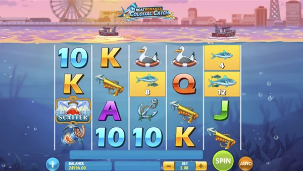 Boat Bonanza Colossal Catch base game screenshot showing reels and features