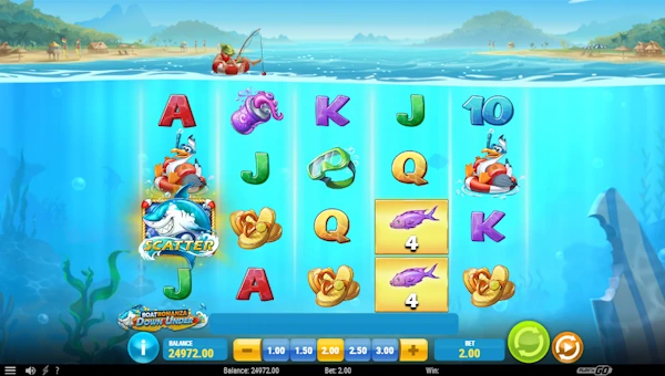 Boat Bonanza Down Under base game screenshot showing reels and features