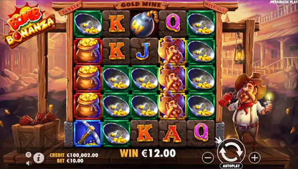 Bomb Bonanza base game screenshot showing reels and features
