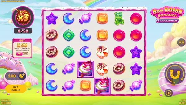 Bon Bomb Bonanza Hyperboom base game screenshot showing reels and features