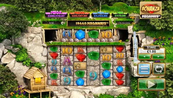 Bonanza Megapays base game screenshot showing reels and features