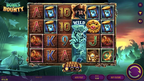 Bones and Bounty base game screenshot showing reels and features