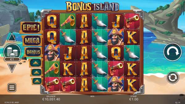 Bonus Island base game screenshot showing reels and features