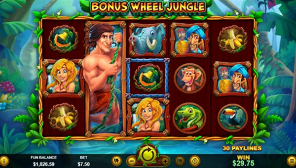Bonus Wheel Jungle base game screenshot showing reels and features