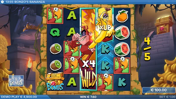 Screenshot of Bonzos Bananza slot demo showing reels and bonus game features
