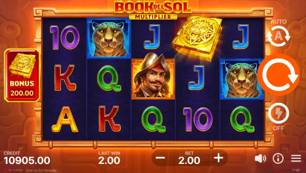 Book del Sol Multiplier base game screenshot showing reels and features