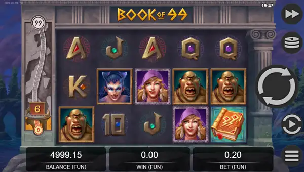 Book of 99 base game screenshot showing reels and features