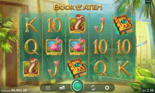 Book of Atem base game screenshot showing reels and features