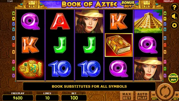 Book of Aztec Bonus Buy base game screenshot showing reels and features