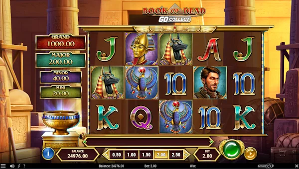 Book of Dead GO Collect base game screenshot showing reels and features