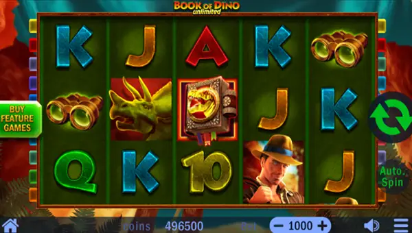 Book of Dino Unlimited base game screenshot showing reels and features