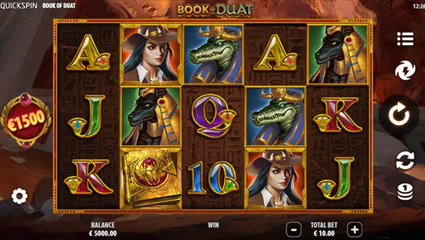 Book of Duat base game screenshot showing reels and features
