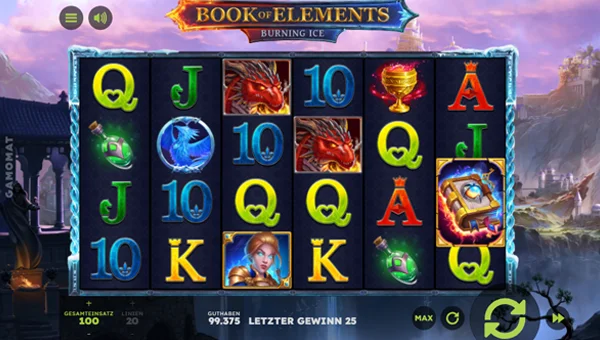 Book of Elements Burning Ice base game screenshot showing reels and features