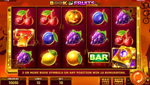 Book of Fruits Halloween base game screenshot showing reels and features
