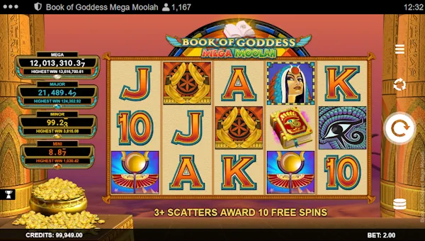 Book of Goddess Mega Moolah base game screenshot showing reels and features