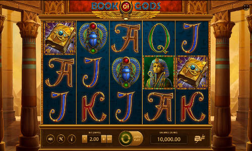 Book of Gods base game screenshot showing reels and features