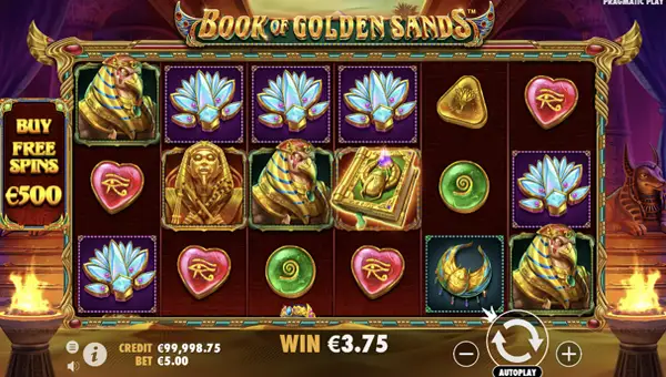 Book of Golden Sands base game screenshot showing reels and features