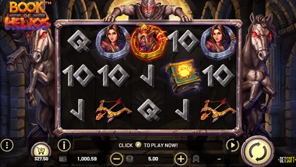 Book of Helios base game screenshot showing reels and features