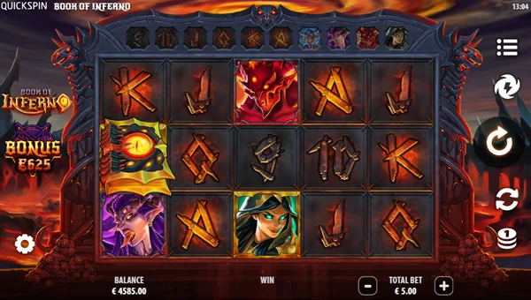 Book of Inferno base game screenshot showing reels and features